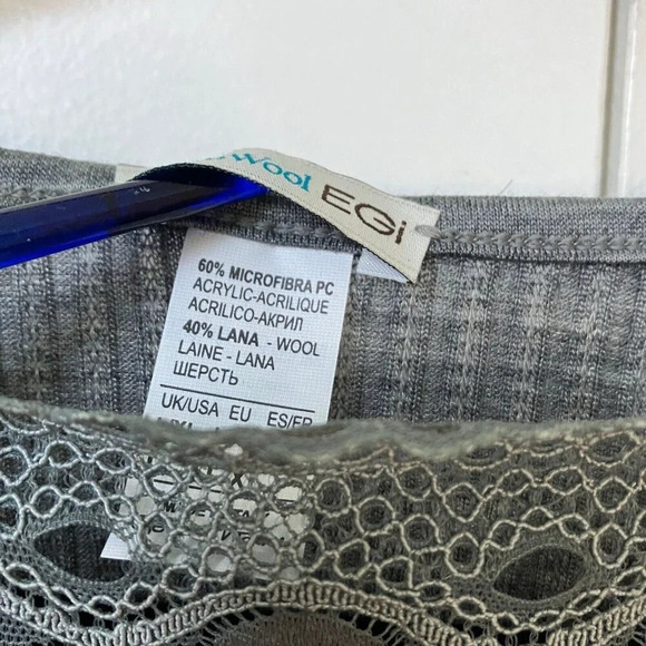 Microwool EGI Wool Blend Made in Italy Grey  Lace Detail Short Sleeve Top Y2K - Picture 7 of 8